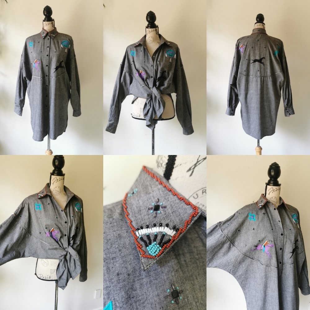 Vintage beaded native design snap front blouse